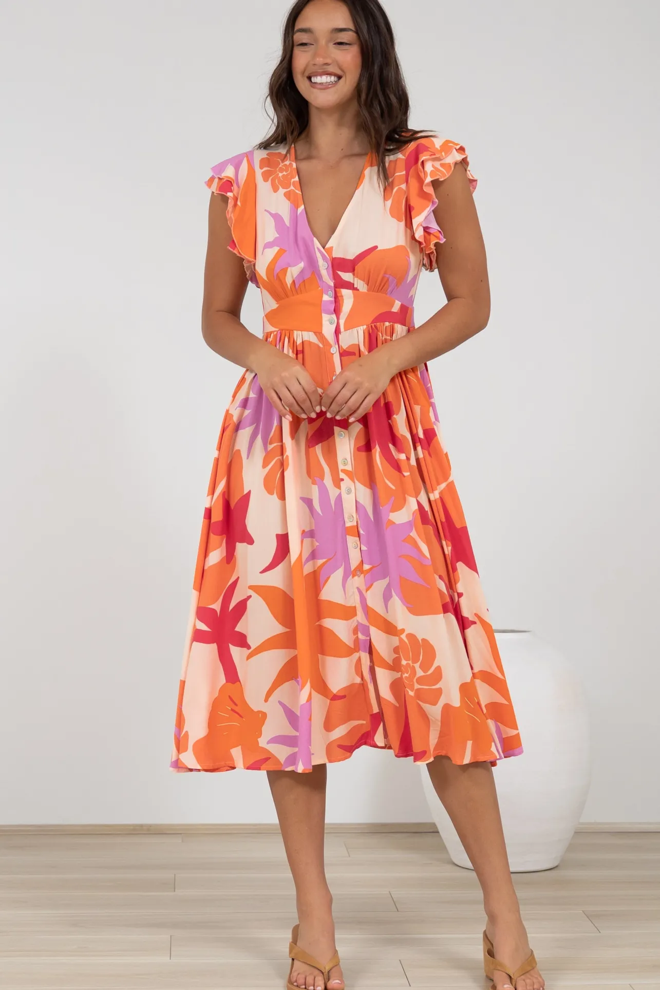 Karah Midi Dress - V Neck Frill Sleeve Dress in Kendal Print>Salty Crush Clearance