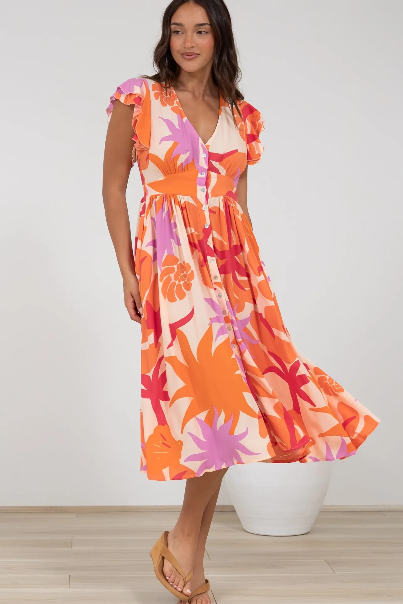 Karah Midi Dress - V Neck Frill Sleeve Dress in Kendal Print>Salty Crush Clearance