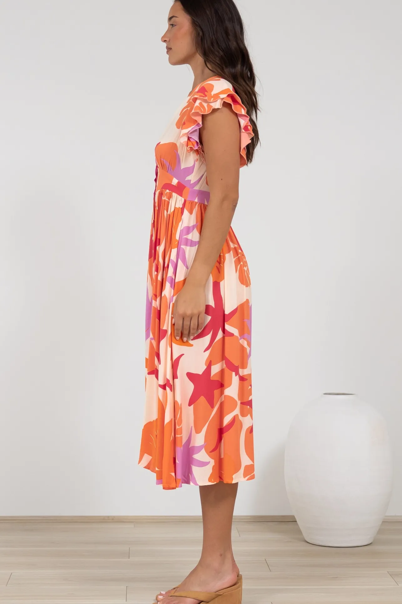 Karah Midi Dress - V Neck Frill Sleeve Dress in Kendal Print>Salty Crush Clearance