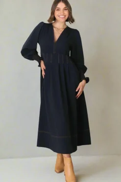 Karey Midi Dress - Dark Denim Fit and Flare Contrast Stitching Midi Dress>Salty Crush Best