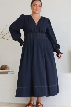 Karey Midi Dress - Dark Denim Fit and Flare Contrast Stitching Midi Dress>Salty Crush Best