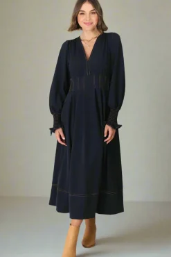Karey Midi Dress - Dark Denim Fit and Flare Contrast Stitching Midi Dress><noscript><img width=