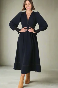 Karey Midi Dress - Dark Denim Fit and Flare Contrast Stitching Midi Dress><noscript><img width=