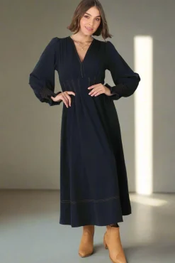 Karey Midi Dress - Dark Denim Fit and Flare Contrast Stitching Midi Dress><noscript><img width=