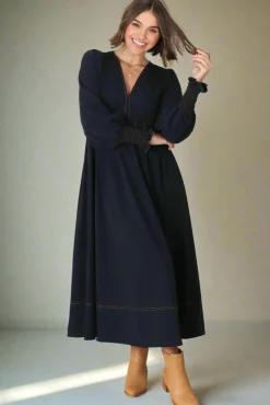 Karey Midi Dress - Dark Denim Fit and Flare Contrast Stitching Midi Dress><noscript><img width=