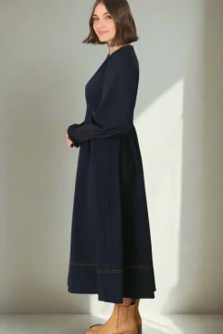 Karey Midi Dress - Dark Denim Fit and Flare Contrast Stitching Midi Dress><noscript><img width=