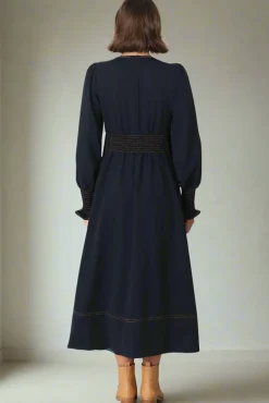 Karey Midi Dress - Dark Denim Fit and Flare Contrast Stitching Midi Dress><noscript><img width=