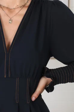 Karey Midi Dress - Dark Denim Fit and Flare Contrast Stitching Midi Dress><noscript><img width=