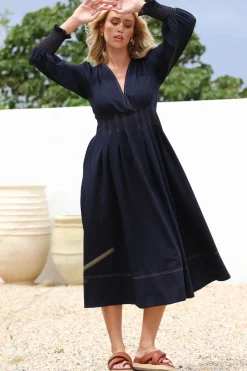 Karey Midi Dress - Dark Denim Fit and Flare Contrast Stitching Midi Dress><noscript><img width=