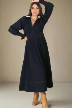 Karey Midi Dress - Dark Denim Fit and Flare Contrast Stitching Midi Dress><noscript><img width=