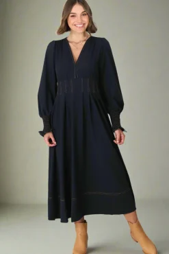 Karey Midi Dress - Dark Denim Fit and Flare Contrast Stitching Midi Dress><noscript><img width=