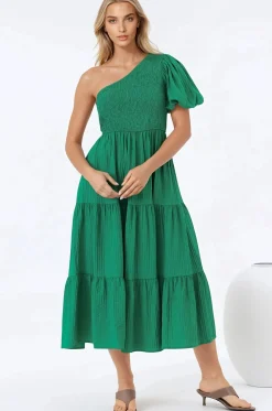 Karoline Midi Dress - One Shoulder Puffy Sleeve Tiered Dress in Green>Salty Crush Sale