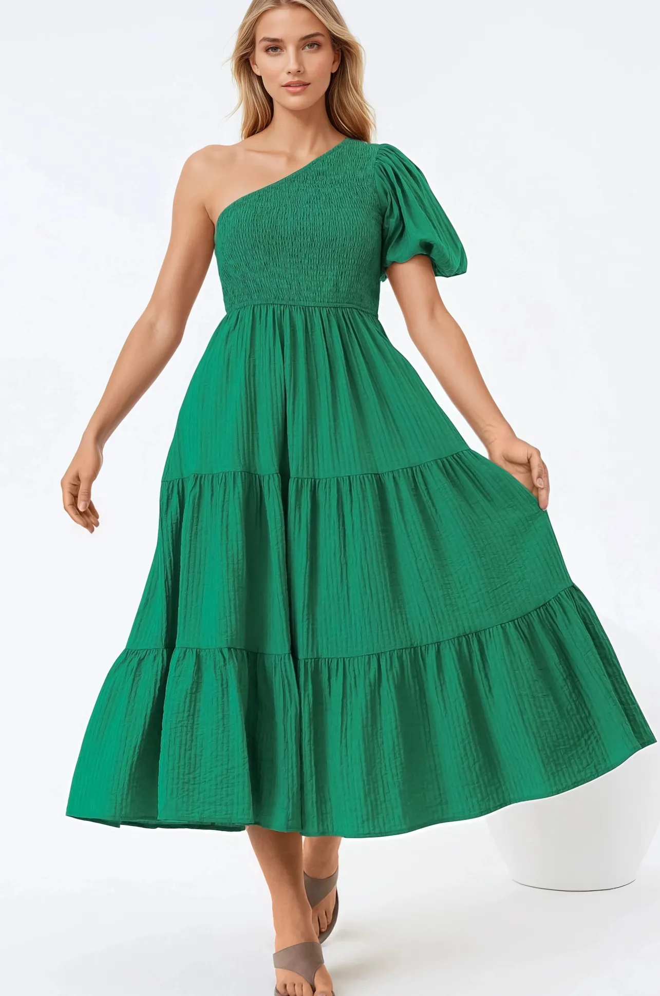 Karoline Midi Dress - One Shoulder Puffy Sleeve Tiered Dress in Green>Salty Crush Sale