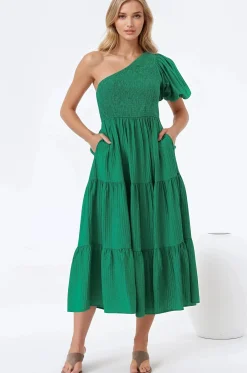 Karoline Midi Dress - One Shoulder Puffy Sleeve Tiered Dress in Green><noscript><img width=