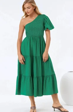Karoline Midi Dress - One Shoulder Puffy Sleeve Tiered Dress in Green><noscript><img width=