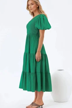 Karoline Midi Dress - One Shoulder Puffy Sleeve Tiered Dress in Green><noscript><img width=