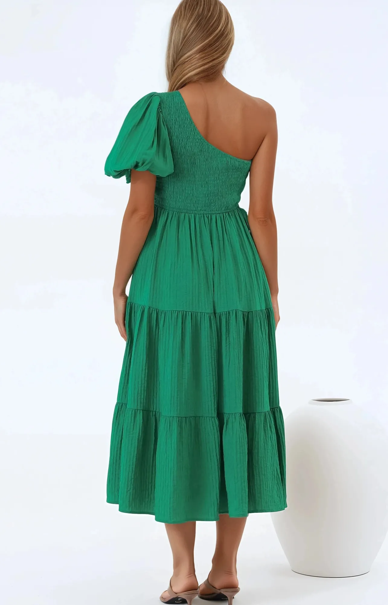 Karoline Midi Dress - One Shoulder Puffy Sleeve Tiered Dress in Green>Salty Crush Sale