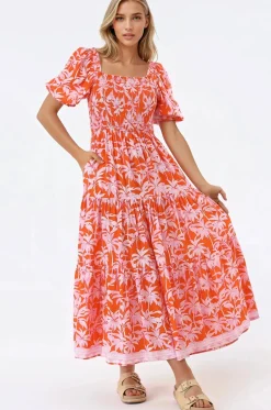 Karrigan Maxi Dress - Elasticated Bodice Short Billow Sleeve Dress in Jillia Print>Salty Crush Best