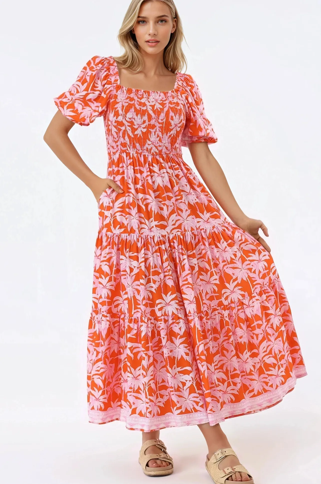 Karrigan Maxi Dress - Elasticated Bodice Short Billow Sleeve Dress in Jillia Print>Salty Crush Best