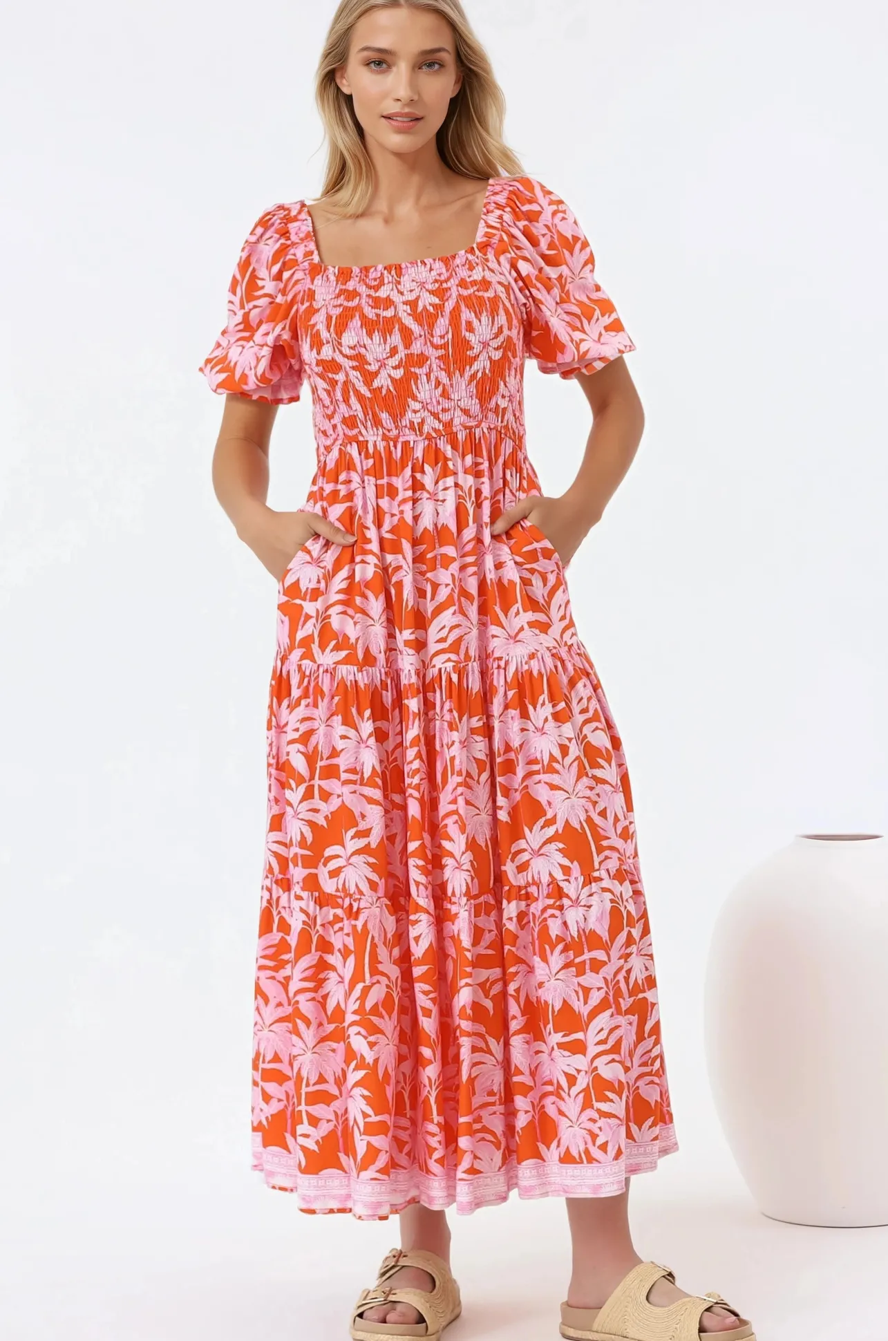 Karrigan Maxi Dress - Elasticated Bodice Short Billow Sleeve Dress in Jillia Print>Salty Crush Best
