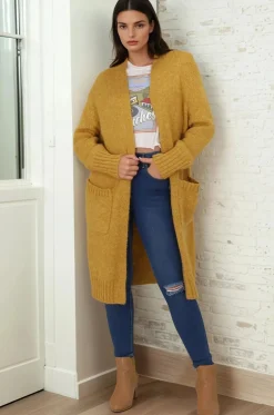 Kartika Cardigan - Long Ribbed Cuff and Hem Cardigan with Pockets in Mustard>Salty Crush Discount