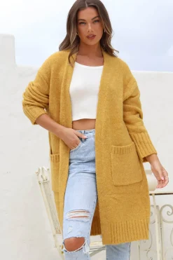 Kartika Cardigan - Long Ribbed Cuff and Hem Cardigan with Pockets in Mustard>Salty Crush Discount