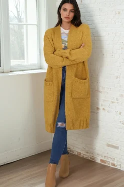 Kartika Cardigan - Long Ribbed Cuff and Hem Cardigan with Pockets in Mustard><noscript><img width=