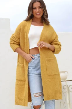 Kartika Cardigan - Long Ribbed Cuff and Hem Cardigan with Pockets in Mustard><noscript><img width=