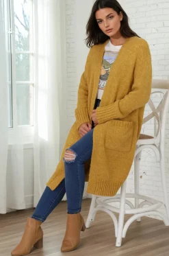 Kartika Cardigan - Long Ribbed Cuff and Hem Cardigan with Pockets in Mustard><noscript><img width=