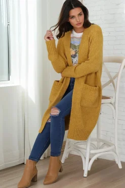 Kartika Cardigan - Long Ribbed Cuff and Hem Cardigan with Pockets in Mustard><noscript><img width=