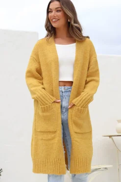 Kartika Cardigan - Long Ribbed Cuff and Hem Cardigan with Pockets in Mustard><noscript><img width=