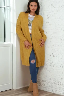 Kartika Cardigan - Long Ribbed Cuff and Hem Cardigan with Pockets in Mustard><noscript><img width=