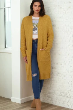 Kartika Cardigan - Long Ribbed Cuff and Hem Cardigan with Pockets in Mustard><noscript><img width=