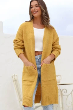 Kartika Cardigan - Long Ribbed Cuff and Hem Cardigan with Pockets in Mustard><noscript><img width=