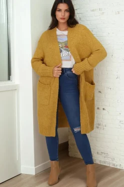Kartika Cardigan - Long Ribbed Cuff and Hem Cardigan with Pockets in Mustard><noscript><img width=