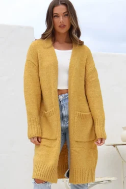 Kartika Cardigan - Long Ribbed Cuff and Hem Cardigan with Pockets in Mustard><noscript><img width=