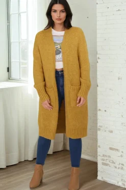 Kartika Cardigan - Long Ribbed Cuff and Hem Cardigan with Pockets in Mustard><noscript><img width=