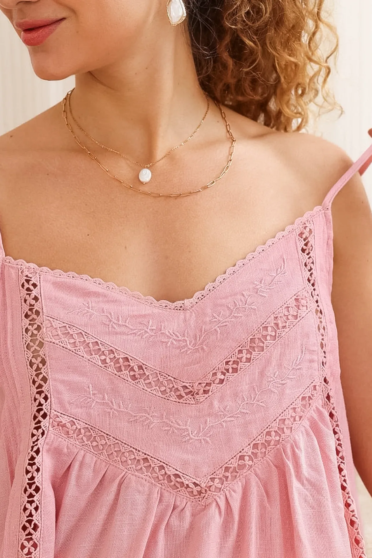 Kaydra Top - Delicate Lace Detailed Cami with Adjustable Straps in Pink>Salty Crush Hot