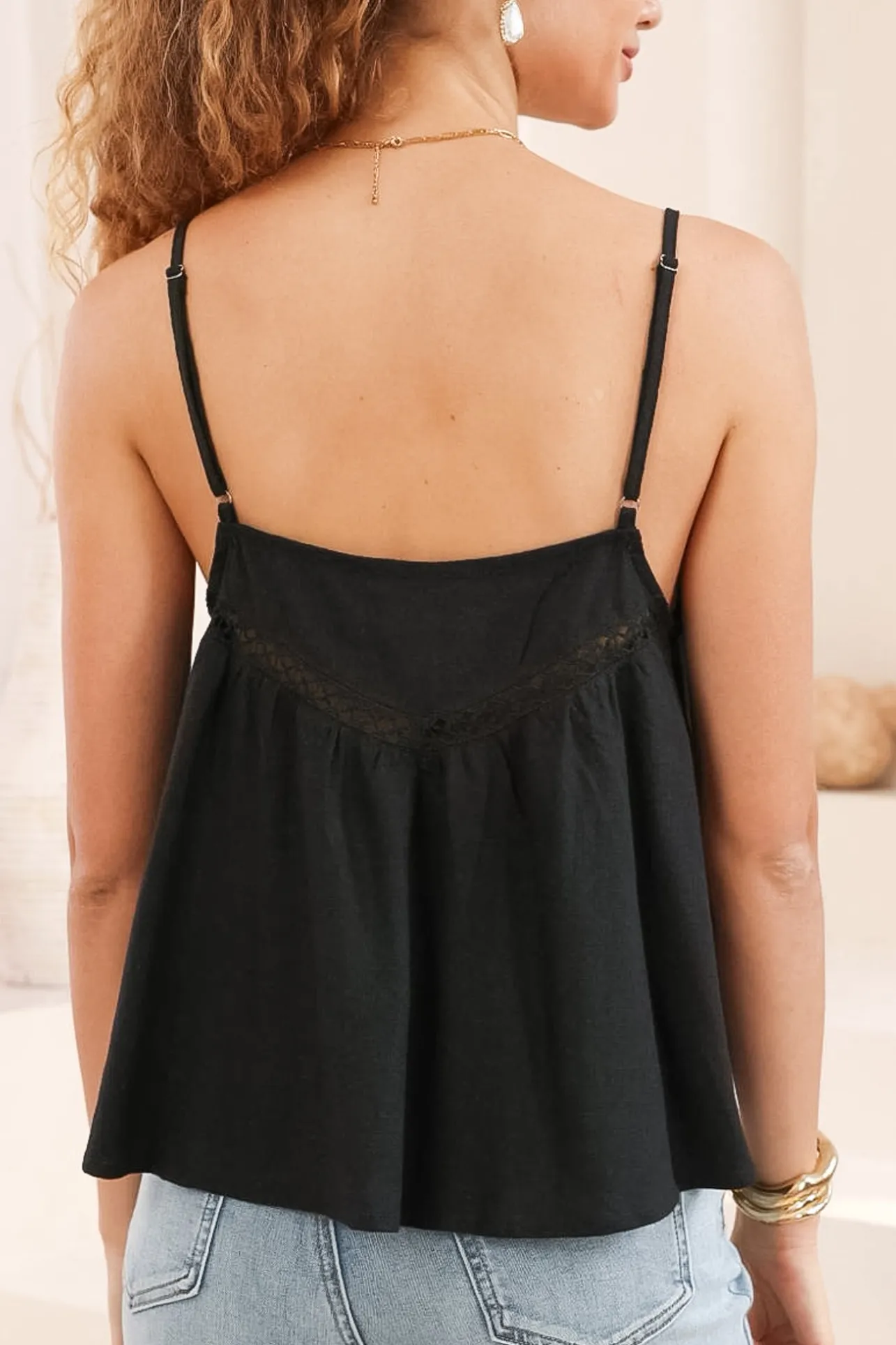 Kaydra Top - Delicate Lace Detailed Cami with Adjustable Straps in Black>Salty Crush Online