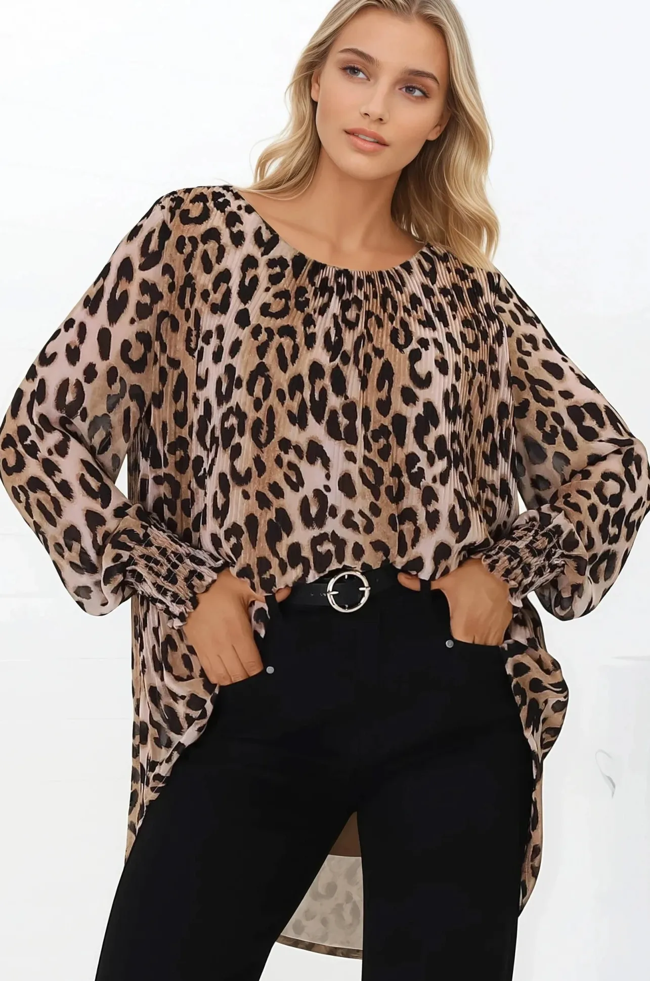 Kayt Blouse - Plisse Long Sleeve Top with High-Low Hemline in Leopard Print>Salty Crush