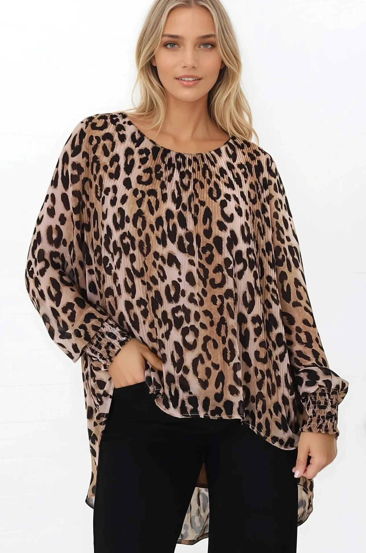 Kayt Blouse - Plisse Long Sleeve Top with High-Low Hemline in Leopard Print>Salty Crush