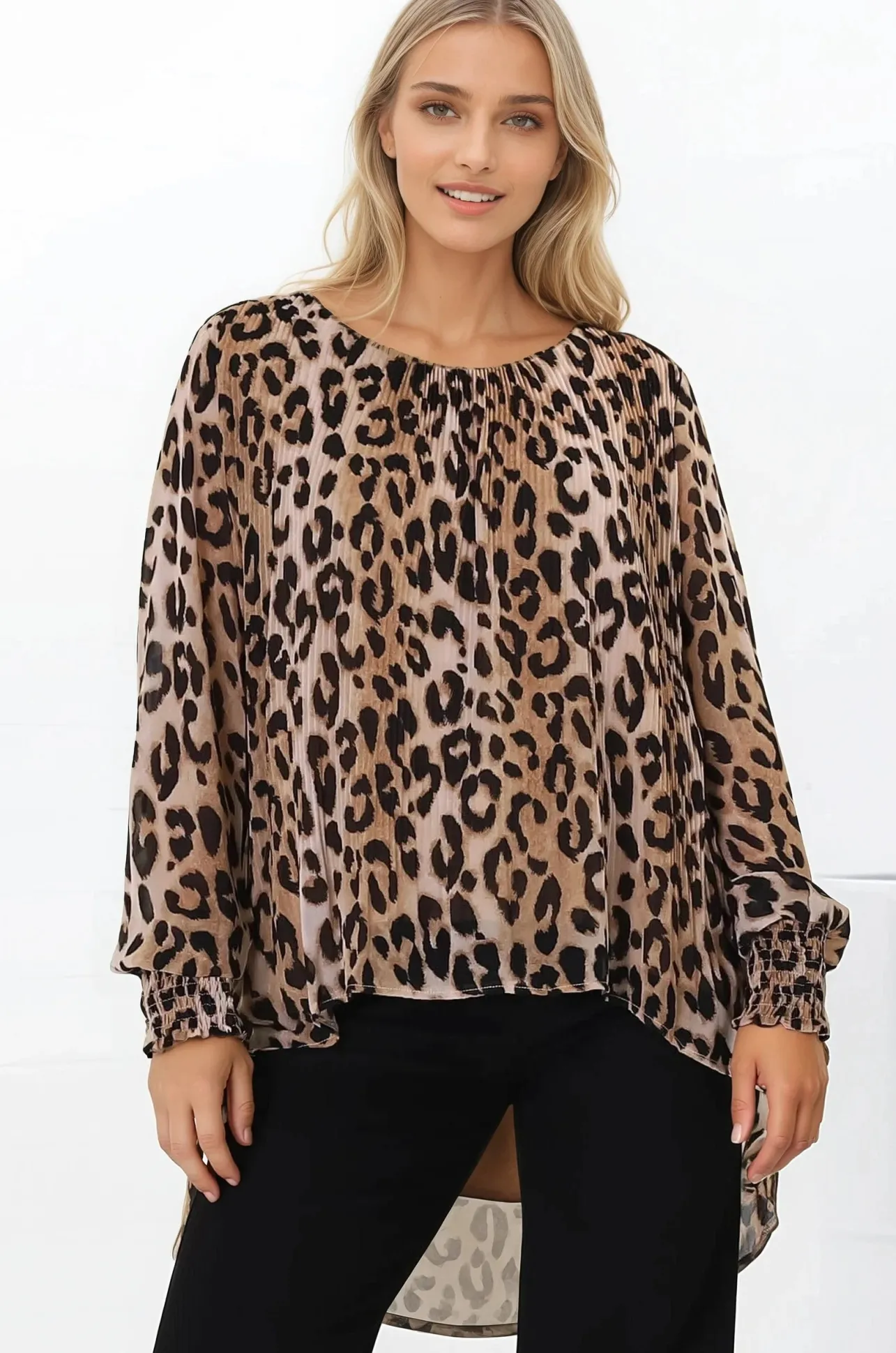 Kayt Blouse - Plisse Long Sleeve Top with High-Low Hemline in Leopard Print>Salty Crush