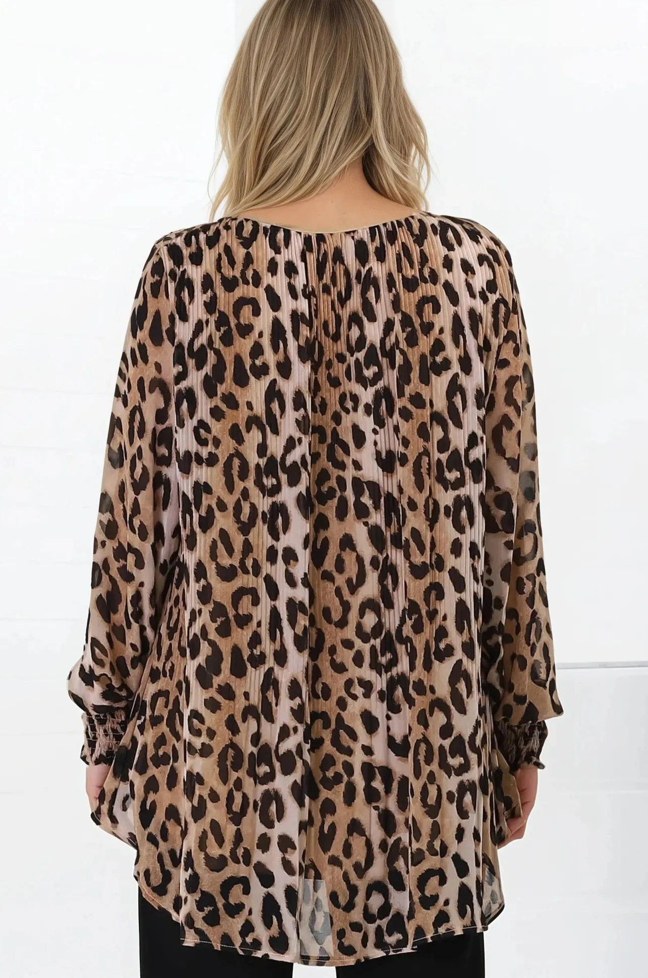 Kayt Blouse - Plisse Long Sleeve Top with High-Low Hemline in Leopard Print>Salty Crush
