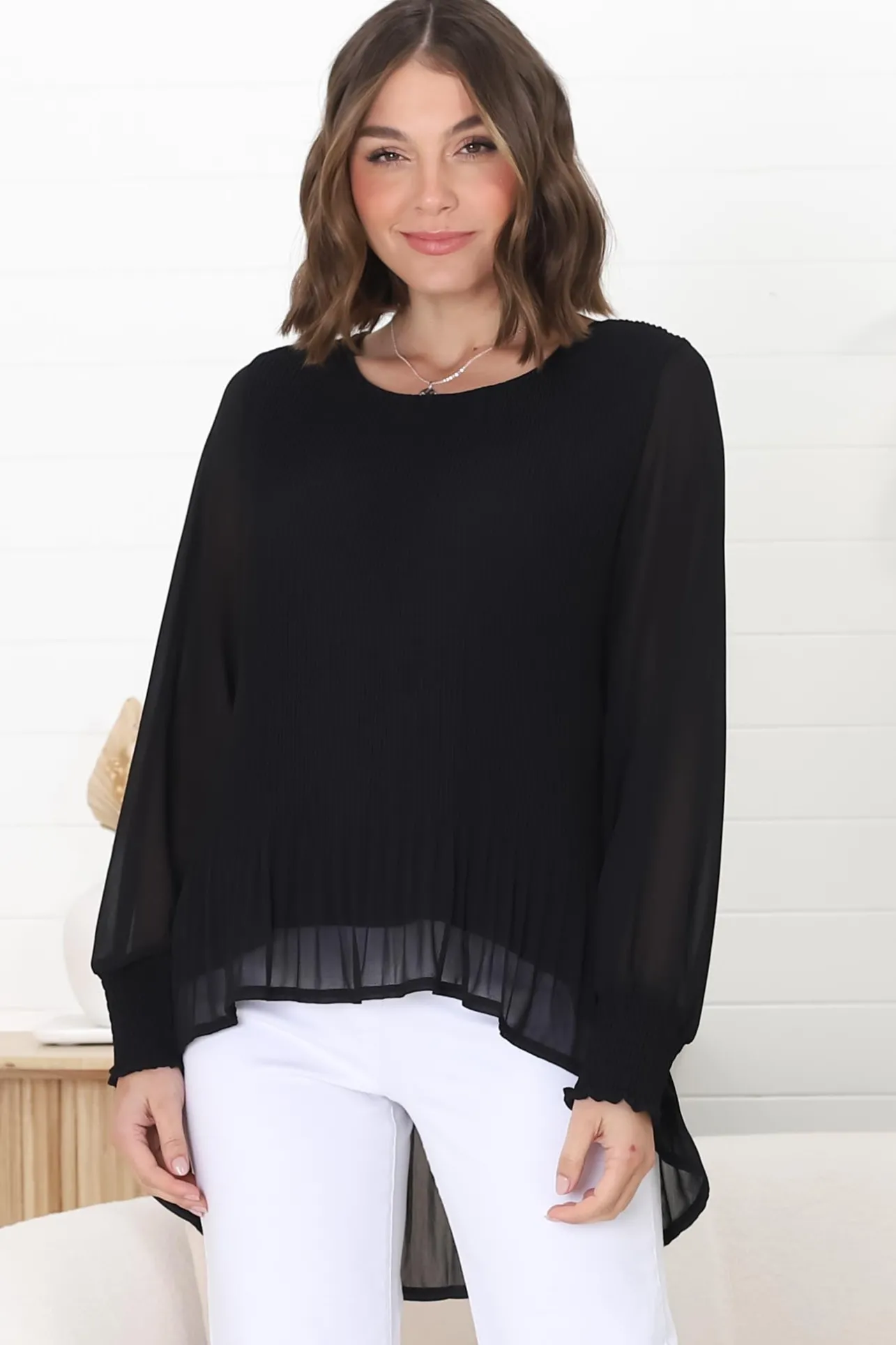 Kayt Blouse - Plisse Long Sleeve Top with High-Low Hemline in Black>Salty Crush Sale