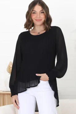 Kayt Blouse - Plisse Long Sleeve Top with High-Low Hemline in Black><noscript><img width=