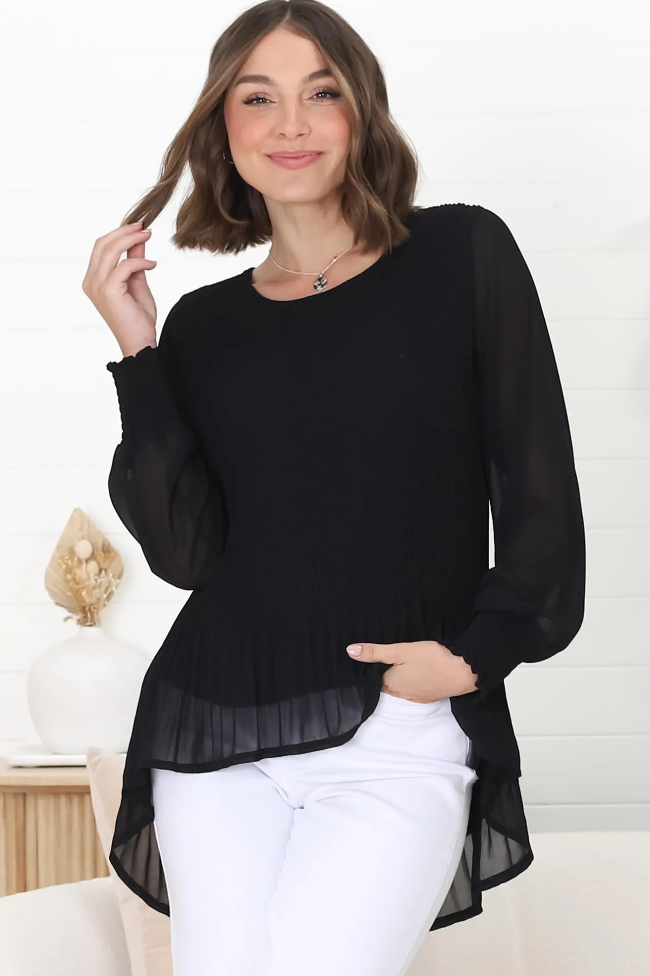Kayt Blouse - Plisse Long Sleeve Top with High-Low Hemline in Black>Salty Crush Sale