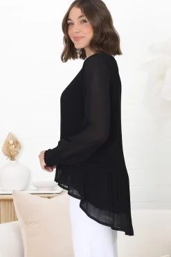 Kayt Blouse - Plisse Long Sleeve Top with High-Low Hemline in Black><noscript><img width=