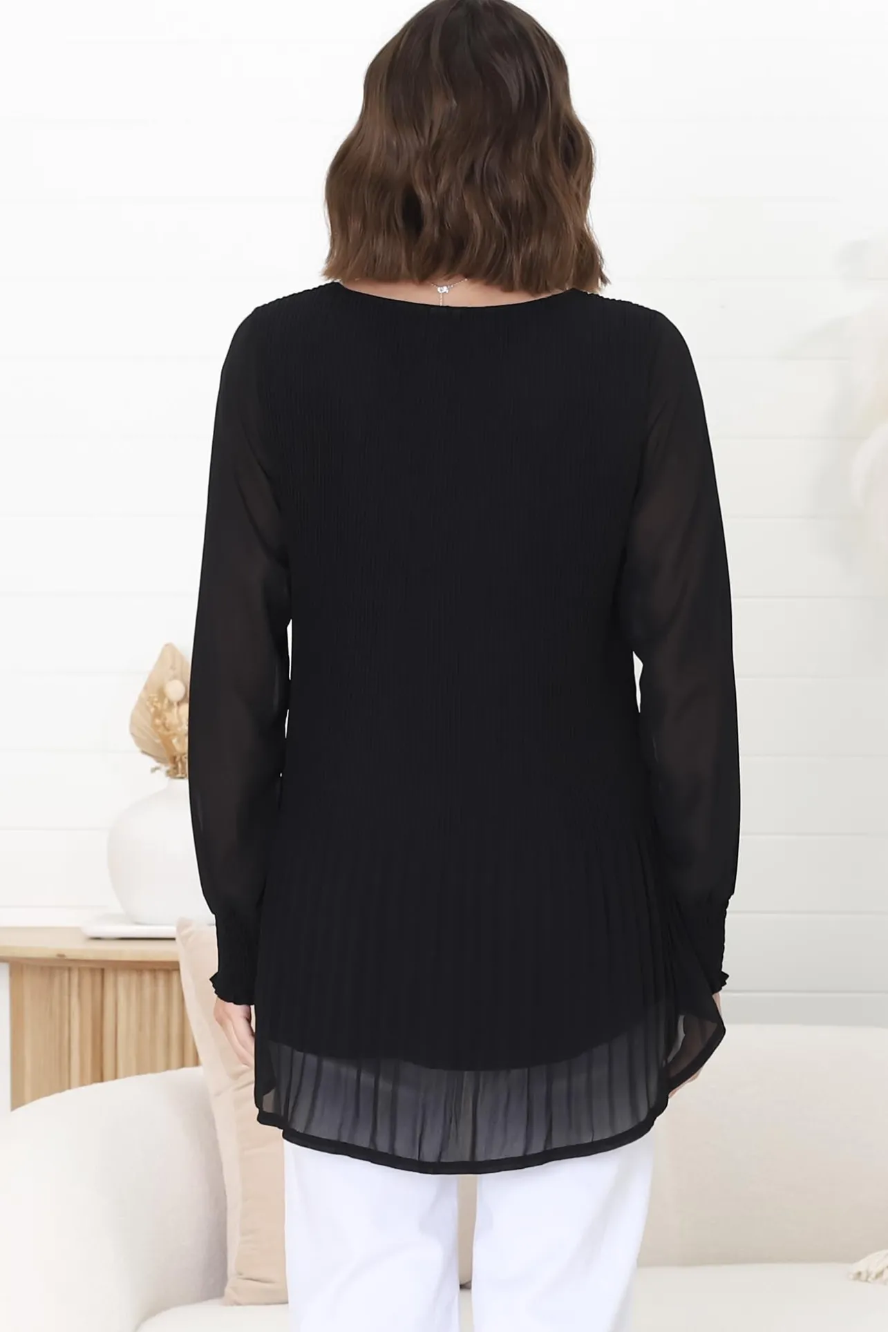 Kayt Blouse - Plisse Long Sleeve Top with High-Low Hemline in Black>Salty Crush Sale