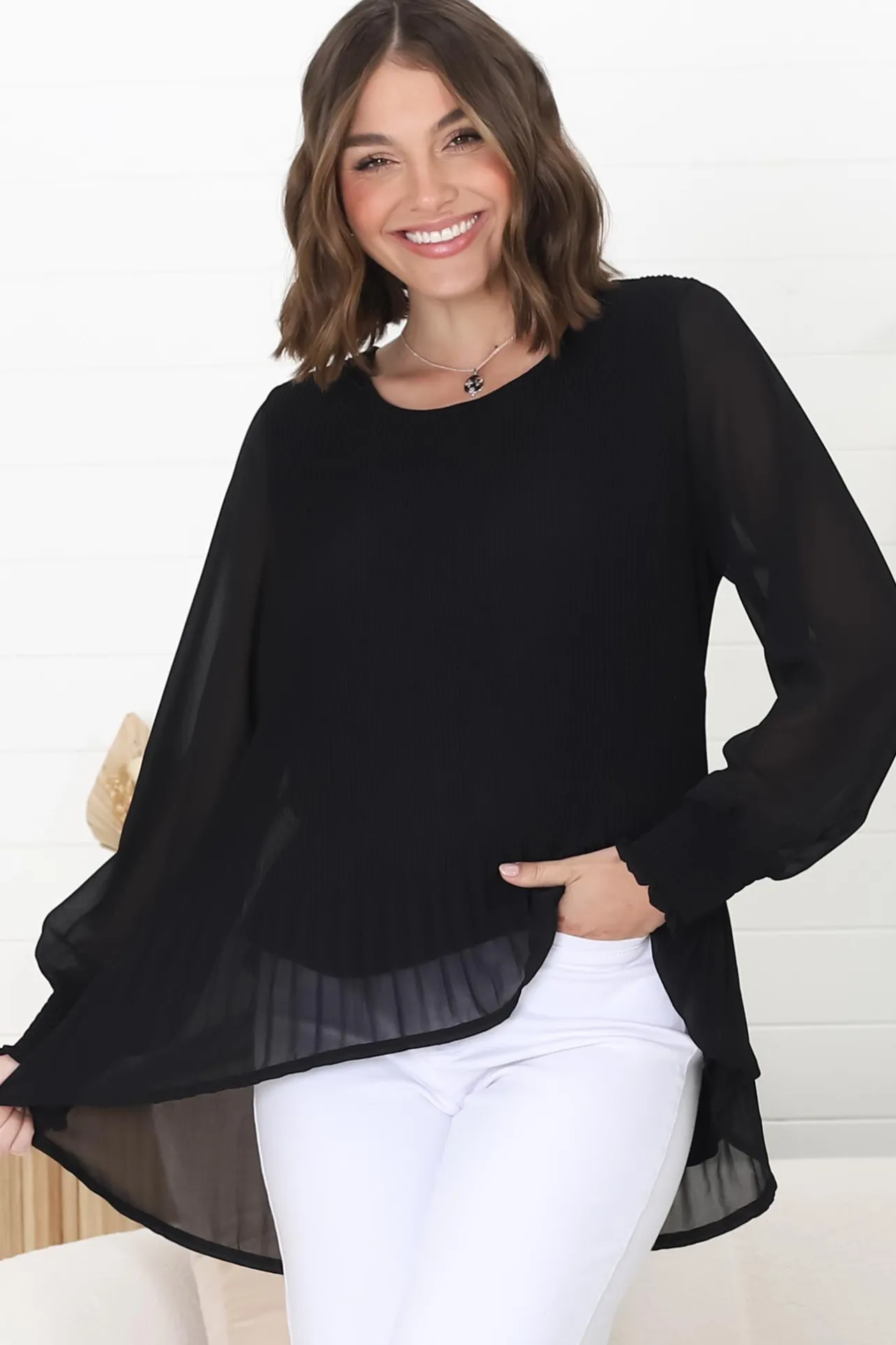 Kayt Blouse - Plisse Long Sleeve Top with High-Low Hemline in Black>Salty Crush Sale