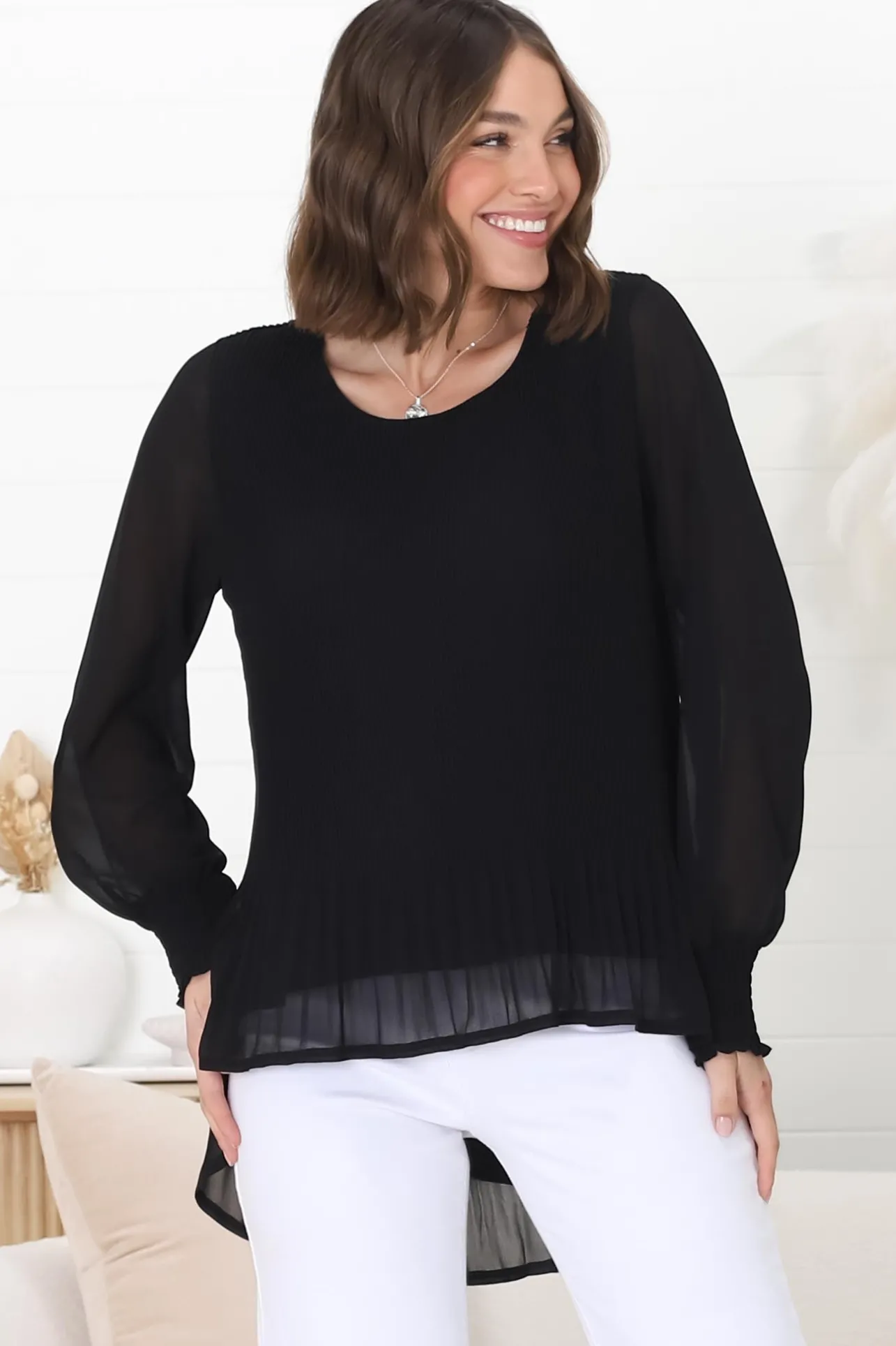Kayt Blouse - Plisse Long Sleeve Top with High-Low Hemline in Black>Salty Crush Sale